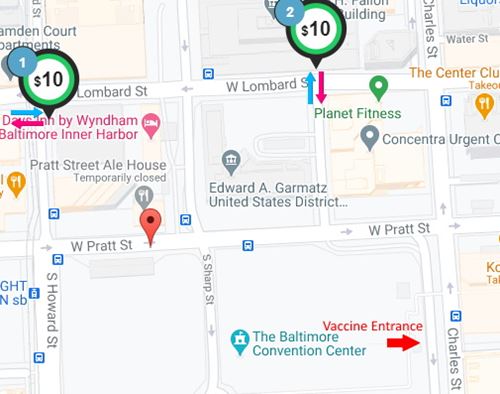 Map showing parking garages and entrance to BCC Vaccine Center
