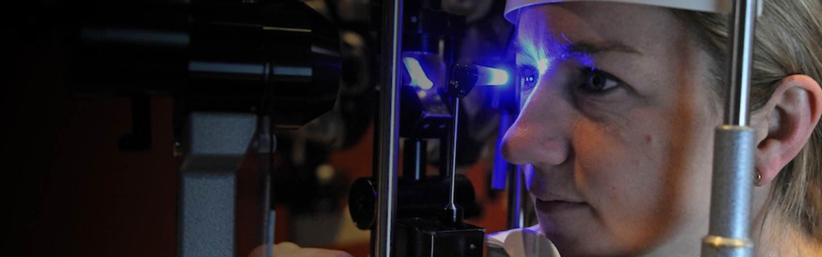 A patient getting an eye exam at the University of Maryland Eye Associates