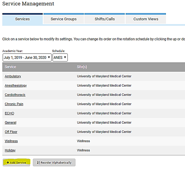 service management screen