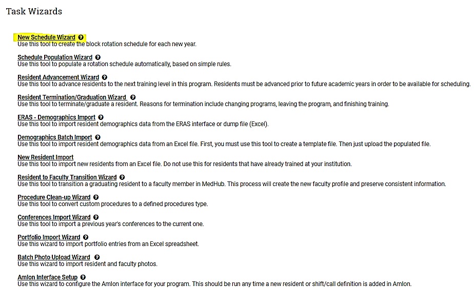 task wizards screen with new schedule wizard highlighted