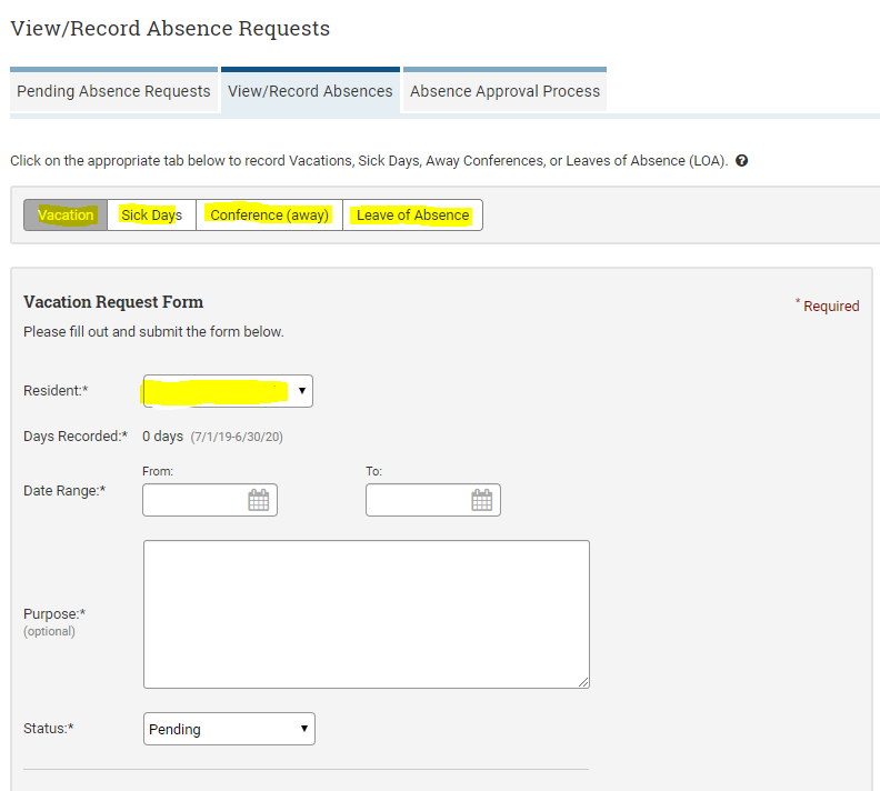 Select the type of request and the Trainees name